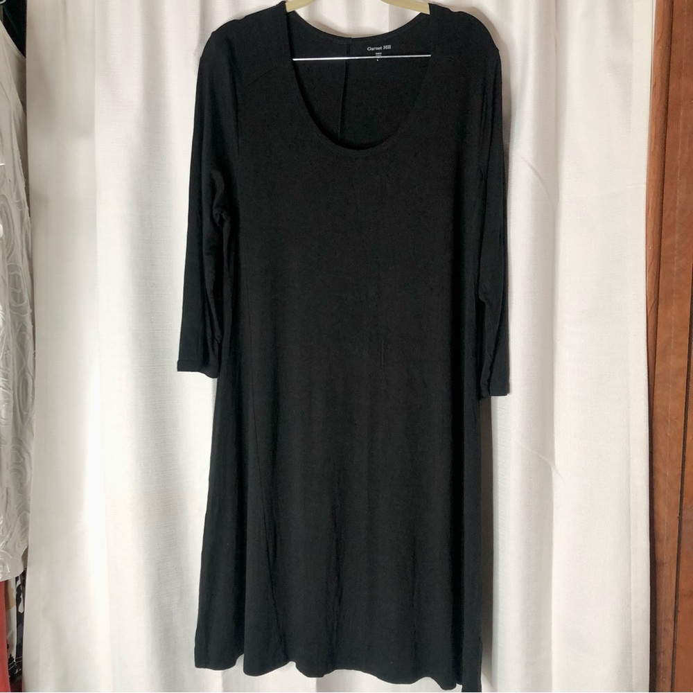 Garnet Hill knit Trapeze stretch swing dress Black size L large 3/4 sleeves